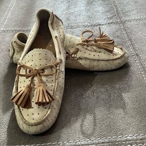 Coach Suede Perforated Cream Loafers with Tan Tassels
